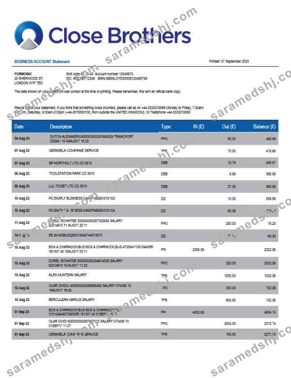 Close Brothers Bank Group company checking account statement Word and PDF template